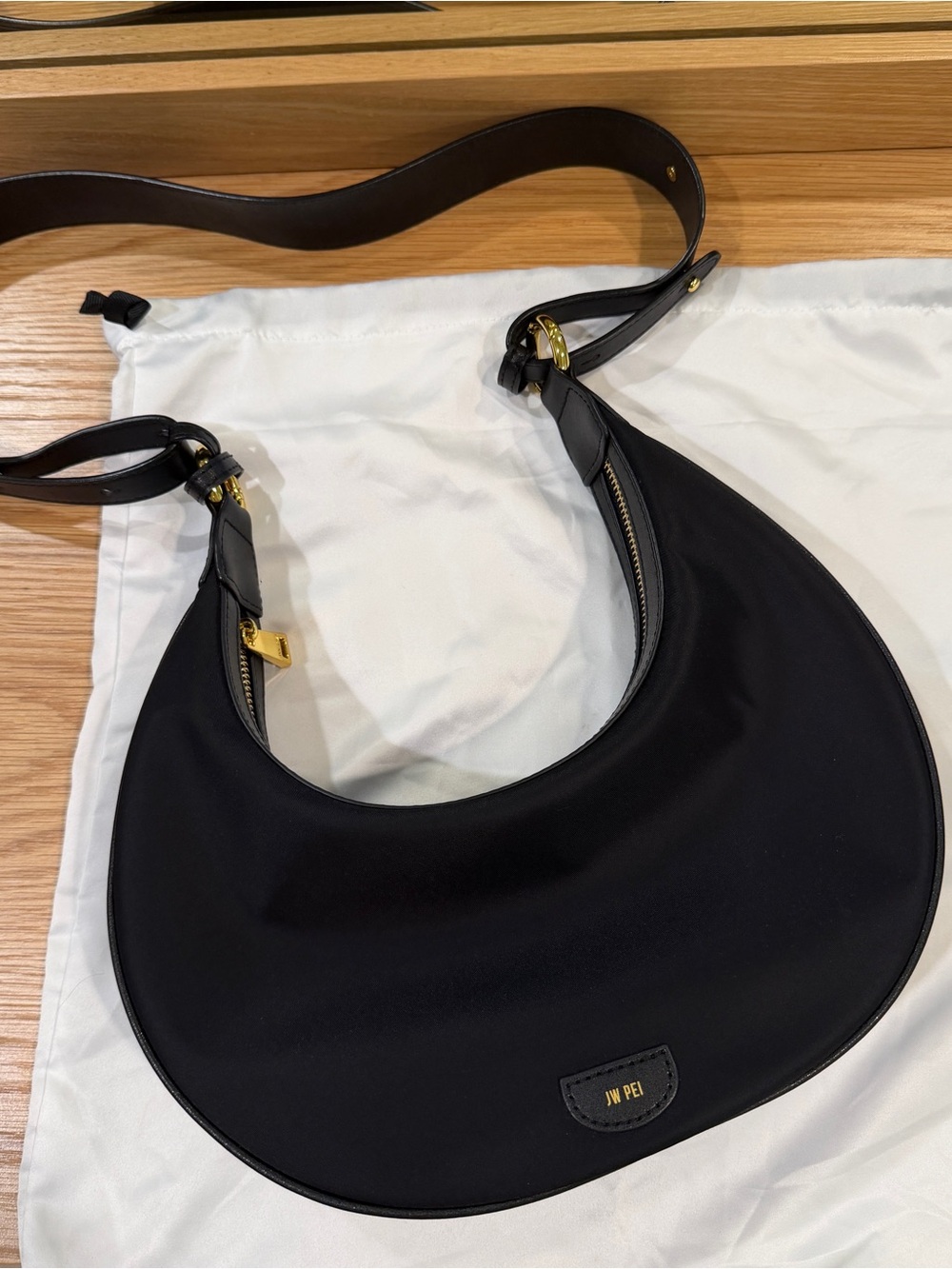 JW PEI Black Crescent Shoulder Bag with Gold Hardware